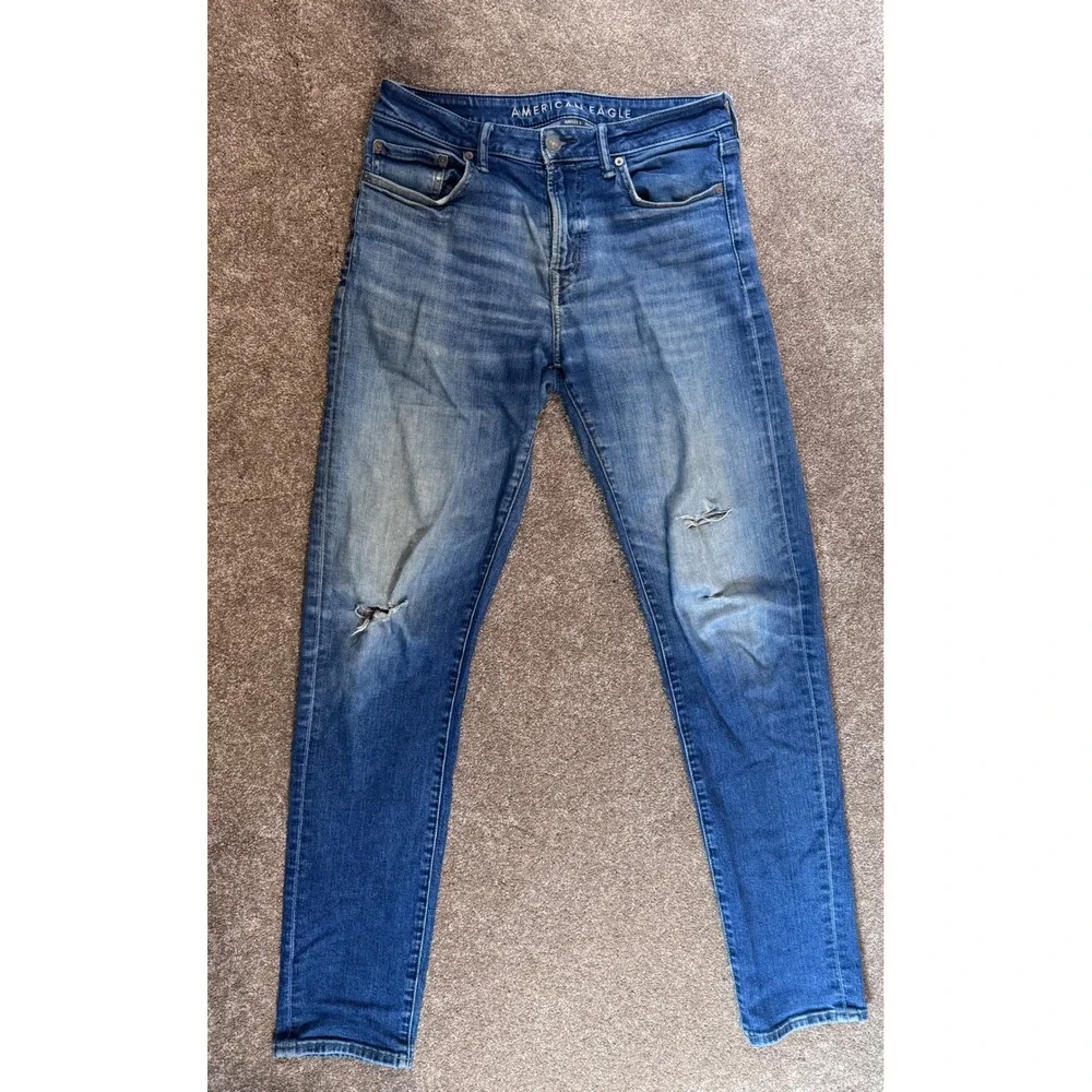 American Eagle Mens‎ Airflex+ Slim Fit Ripped Distressed Blue Jeans 32x36